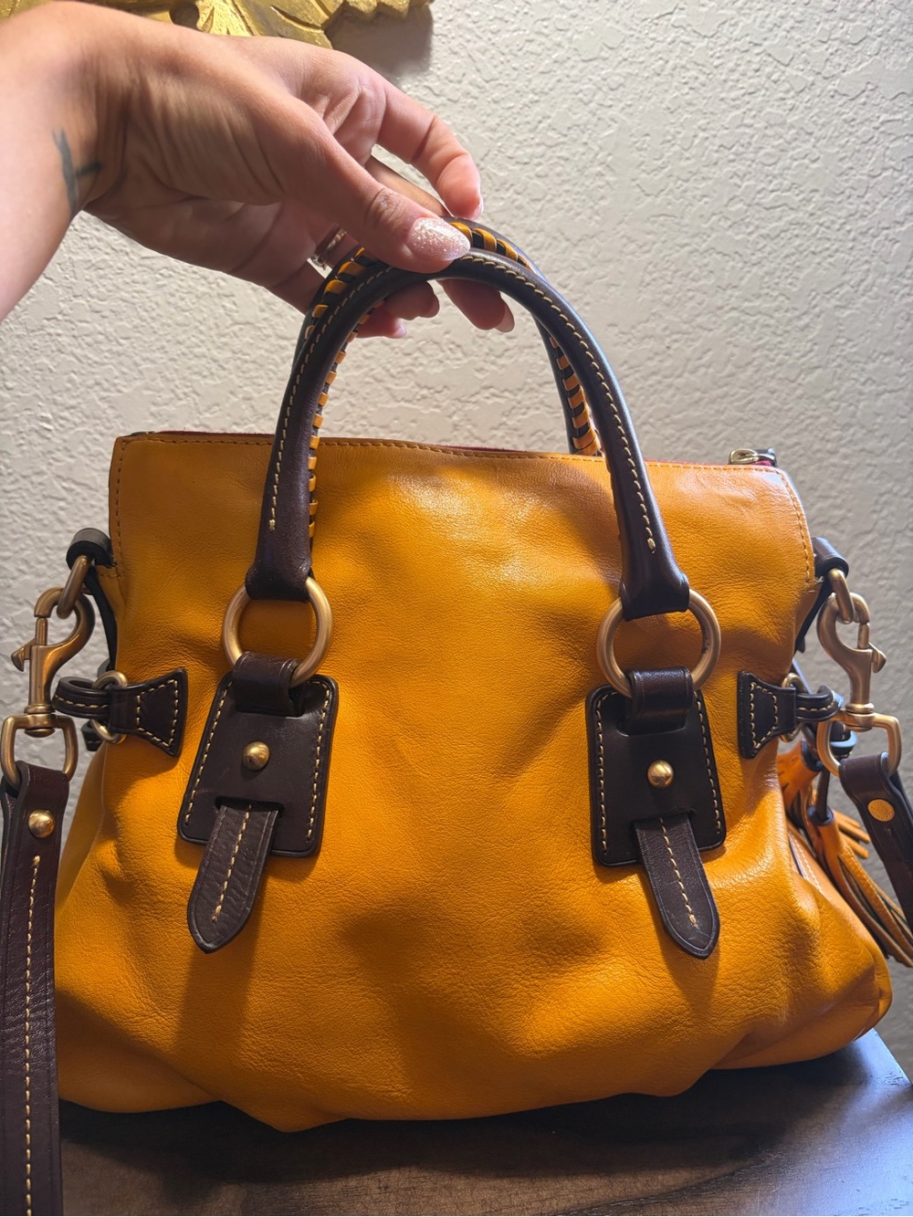 Dooney and Bourke Florentine Stanwich Satchel - Yellow & Brown - Picture 3 of 13
